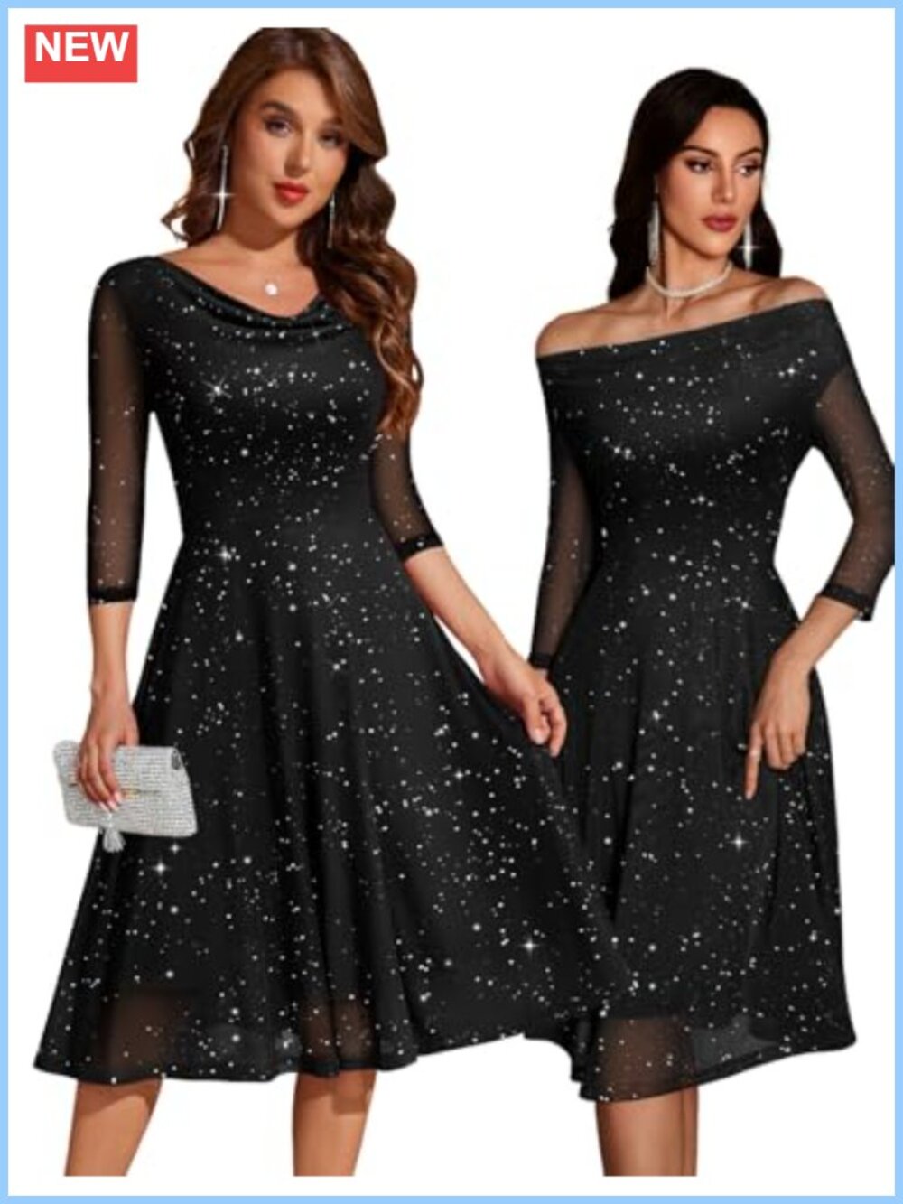 Cowl Neck Sequin A-Line Dress Long Sleeve Cocktail Wedding Guest